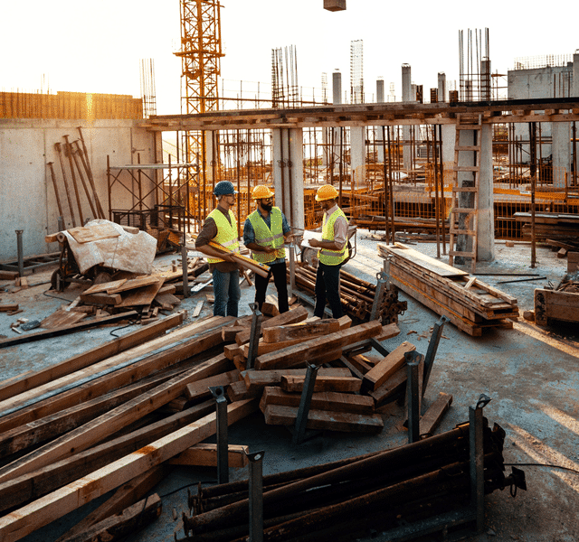 Three construction workers wearing safety helmets and reflective vests reviewing plans