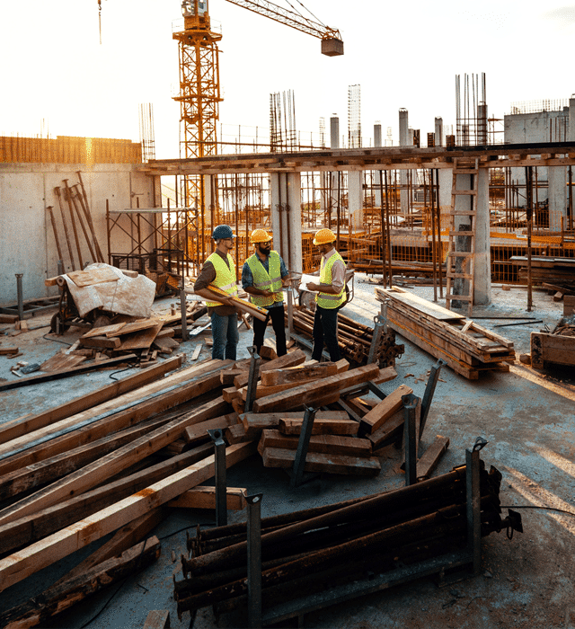 Three construction workers wearing safety helmets and reflective vests reviewing plans